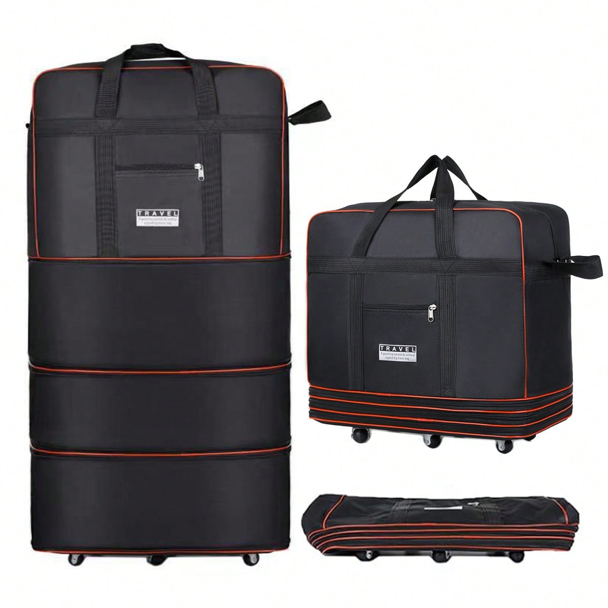 Foldable Rolling Luggage Bag - Black Collapsible Rolling Travel Duffel Bag,